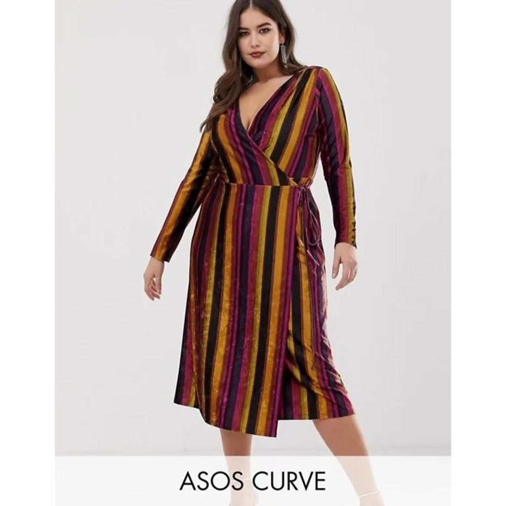 NWT ASOS Curve Women Rainbow Midi Wrap Velvet Dress Sz 18 Multicolor 52-20